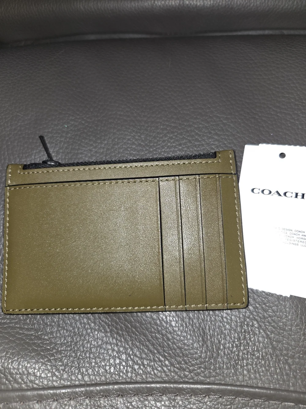 Coach Olive Green Leather Zip Pouch Card Holder with Embossed Logo